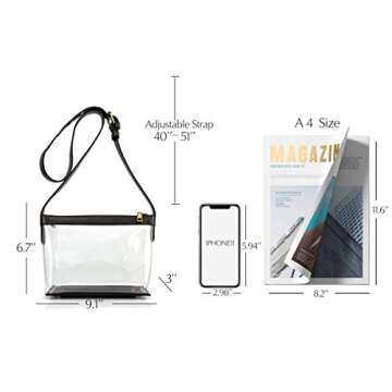 Clear Zipper Cross Body Bag with Vegan Leather Trim (Black) Small