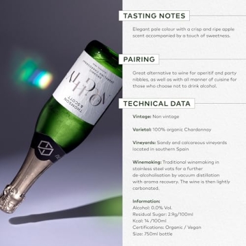 Thomson & Scott Noughty, Alcohol Free, Organic Sparkling Chardonnay, Non Alcoholic Sparkling White Wine, Low-Sugar, Halal Certified, Vegan, 1 Bottle, 750ml