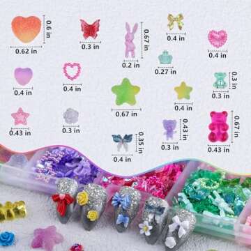 Kikonoke 3D Nail Charms Set 9 Colors Flower Butterfly Bow Rabbit Nail Gems Big Bear and Heart Nail Jewels Pearls for Nail Art, Craft and Decoration with Glue Gel, Tweezer and Brush