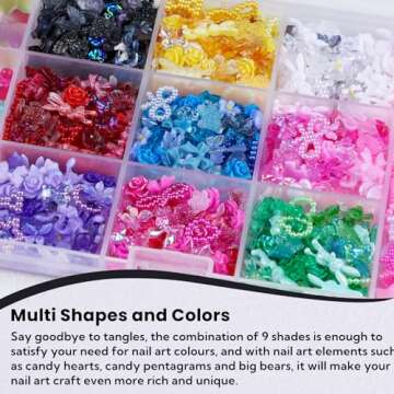Kikonoke 3D Nail Charms Set 9 Colors Flower Butterfly Bow Rabbit Nail Gems Big Bear and Heart Nail Jewels Pearls for Nail Art, Craft and Decoration with Glue Gel, Tweezer and Brush