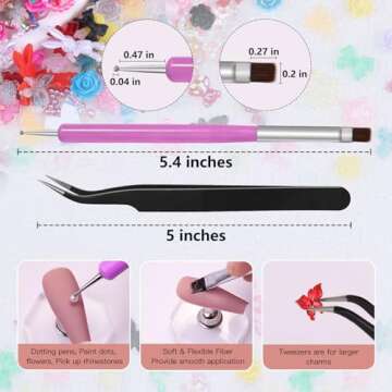 Kikonoke 3D Nail Charms Set 9 Colors Flower Butterfly Bow Rabbit Nail Gems Big Bear and Heart Nail Jewels Pearls for Nail Art, Craft and Decoration with Glue Gel, Tweezer and Brush