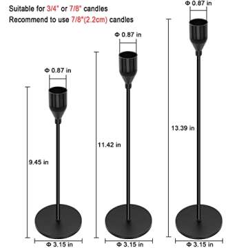 Black Candle Holders Set of 3 for Taper Candles Decorative Candlestick Holders for Wedding, Dinning, Party Fits 3/4 inch Thick Candle&Led Candles (Black Brass Metal Candelabra)