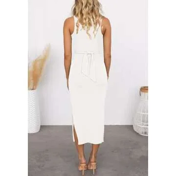HUUSA Summer Sleeveless Ruched Bodycon Sundress Casual Round Neck Side Slit Ribbed Long Dresses Outfits for Women Date Night Sexy Cut Out Slim Fitting Tank Top Tshirt Dress White M