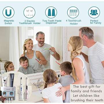 2 Automatic Toothpaste Dispenser Wall Mounted, Come with 2 Electric Toothbrush Holder, with Dustproof Cover, 4 Toothbrush Slots for Shower Bathroom