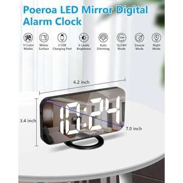 Digital Alarm Clocks,7" LED Mirror Electronic Clock,with 2 USB Charging Ports,Snooze Mode,Auto Adjus...