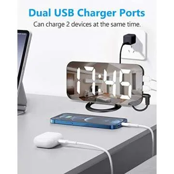 Digital Alarm Clocks,7" LED Mirror Electronic Clock,with 2 USB Charging Ports,Snooze Mode,Auto Adjust Brightness,Modern Desk Wall Clock for Bedroom Living Room Office - Black