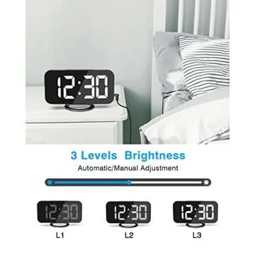 Digital Alarm Clocks,7" LED Mirror Electronic Clock,with 2 USB Charging Ports,Snooze Mode,Auto Adjust Brightness,Modern Desk Wall Clock for Bedroom Living Room Office - Black