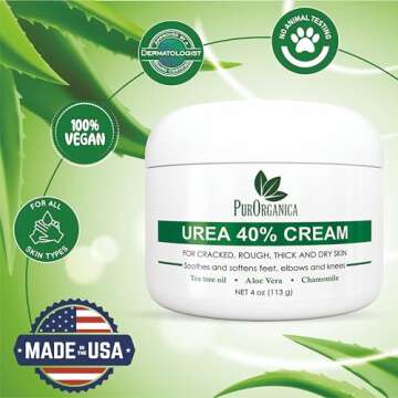 PurOrganica Urea 40% Cream – Made in USA – Foot Cream for Thick, Cracked, Rough, Dead & Dry Skin - Corn, Callus and Dead Skin Remover, Toenail Softener, Moisturizer For Feet, Elbows, Hands and Knees
