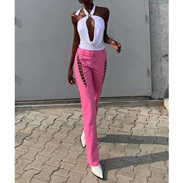 xxxiticat Women's Lace Up PU Leather Pants Chic High Waist Hollow Out Drawstring Bandage Cut Out Faux Leather Trousers(PI,XL) Pink