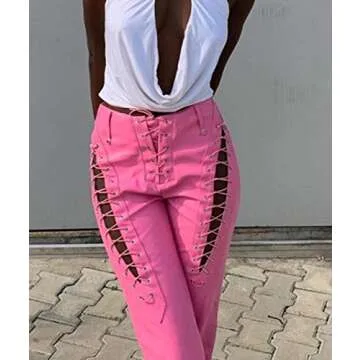 xxxiticat Women's Lace Up PU Leather Pants Chic High Waist Hollow Out Drawstring Bandage Cut Out Faux Leather Trousers(PI,XL) Pink