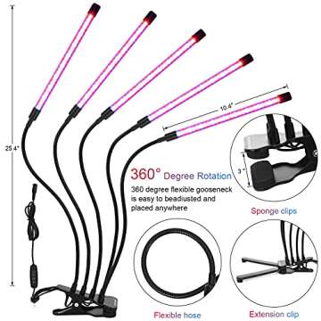 WEDCOL Grow Lights for Indoor Plants - WEDCOL Red Blue Yellow Spectrum Plant Grow Light Adjustable Gooseneck 135 LED Grow Lamp with 3/9/12H Timer, 10 Dimmable Levels & 3 Switch Modes