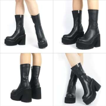 Goiphrri Platform Ankle Boots for Women High Heel Round Toe Womens Fashion Work Combat Boots Punk Motorcycle Booties Black Block Heel Party Boots