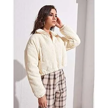 MakeMeChic Women's Zip Up Drop Shoulder Long Sleeve Crop Jacket Coat Beige M