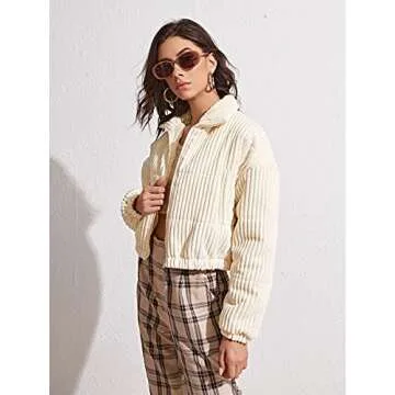 MakeMeChic Women's Zip Up Drop Shoulder Long Sleeve Crop Jacket Coat Beige M