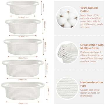 Bellzacasa Small Woven Basket with Handles, 5 Pack Cotton Rope Room Shelf Storage Basket for Organizing Small Round Basket Baby Nursery Bins (Off White)