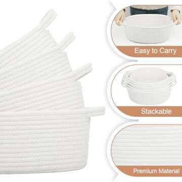 Bellzacasa Small Woven Basket with Handles, 5 Pack Cotton Rope Room Shelf Storage Basket for Organizing Small Round Basket Baby Nursery Bins (Off White)