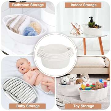 Bellzacasa Small Woven Basket with Handles, 5 Pack Cotton Rope Room Shelf Storage Basket for Organizing Small Round Basket Baby Nursery Bins (Off White)
