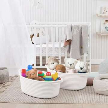 Bellzacasa Small Woven Basket with Handles, 5 Pack Cotton Rope Room Shelf Storage Basket for Organizing Small Round Basket Baby Nursery Bins (Off White)