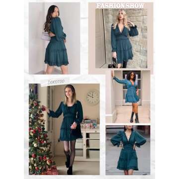 Dokotoo Womens Ladies Cute Summer Casual Summer Sexy Deep V Neck Ruffle Chiffon Lantern Long Sleeve Elegant Boho Hawaiian Flowy Mini Short Skirt Dresses for Women Party 2024 Green Large