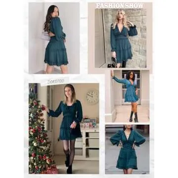 Dokotoo Womens Ladies Cute Summer Casual Summer Sexy Deep V Neck Ruffle Chiffon Lantern Long Sleeve Elegant Boho Hawaiian Flowy Mini Short Skirt Dresses for Women Party 2024 Green Large