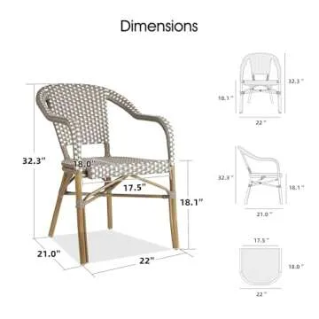 PURPLE LEAF Bistro Chair (Set of 2) French Hand-Woven Wicker Armchairs for Outdoor Patio Porch Garden Indoor, Bamboo Print Finish, Grey, Dining Chairs