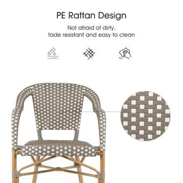 PURPLE LEAF Bistro Chair (Set of 2) French Hand-Woven Wicker Armchairs for Outdoor Patio Porch Garden Indoor, Bamboo Print Finish, Grey, Dining Chairs