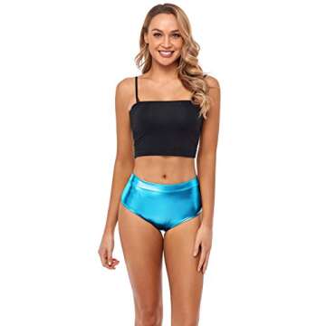 Kepblom Metallic High Waisted Booty Shorts Women's Shiny Cheeky Dance Festival Rave Bottoms(Turquoise,L)