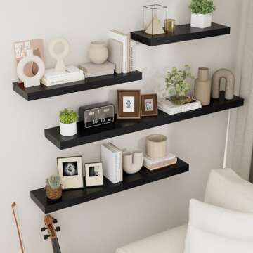 Black Floating Shelves for Wall, Wooden Shelves for Wall Set of 3, Modern Black Shelves for Bedroom ...