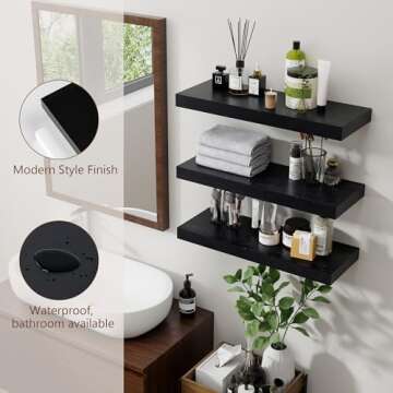 Black Floating Shelves for Wall, Wooden Shelves for Wall Set of 3, Modern Black Shelves for Bedroom Living Room Bathroom Kitchen, Shelves for Wall Decor Storage - Black