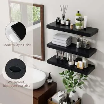 Black Floating Shelves for Wall, Wooden Shelves for Wall Set of 3, Modern Black Shelves for Bedroom Living Room Bathroom Kitchen, Shelves for Wall Decor Storage - Black