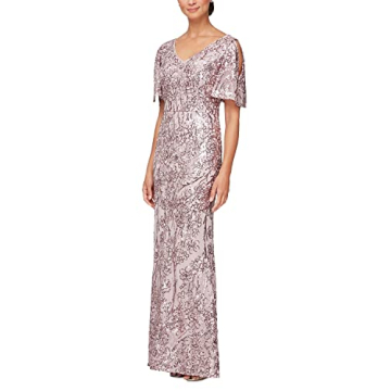 Alex Evenings Women's Long Mother of The Bride Sequin Dress with Cold Shoulder Flutter Sleeves (Peti...