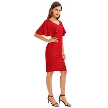 GRACE KARIN Women V Neck Ruffle Sleeve Ruched Business Pencil Dress