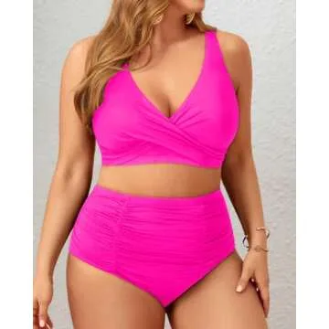 Holipick Two Piece Plus Size Swimsuits for Women High Waisted Bikini Tummy Control Bathing Suits Twist Front Swimwear Hot Pink