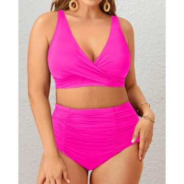 Holipick Two Piece Plus Size Swimsuits for Women High Waisted Bikini Tummy Control Bathing Suits Twist Front Swimwear Hot Pink