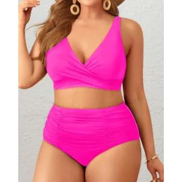 Holipick Two Piece Plus Size Swimsuits for Women High Waisted Bikini Tummy Control Bathing Suits Twist Front Swimwear Hot Pink