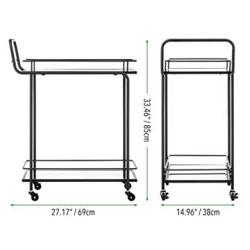 mDesign Metal Vintage Beverage Rolling Cart for Home - 2-Tier Serving Bar Trolley with Easy-Glide, Rotating Wheels, Built-in Handle, and Glass Shelves for Wine and Craft Beer - Black