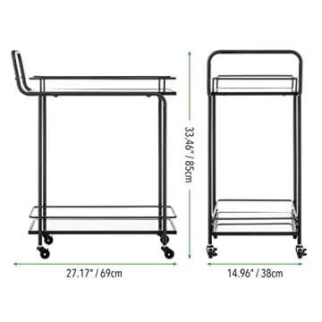 mDesign Metal Vintage Beverage Rolling Cart for Home - 2-Tier Serving Bar Trolley with Easy-Glide, Rotating Wheels, Built-in Handle, and Glass Shelves for Wine and Craft Beer - Black