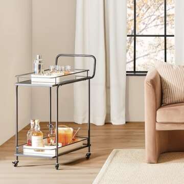 mDesign Metal Vintage Beverage Rolling Cart for Home - 2-Tier Serving Bar Trolley with Easy-Glide, Rotating Wheels, Built-in Handle, and Glass Shelves for Wine and Craft Beer - Black