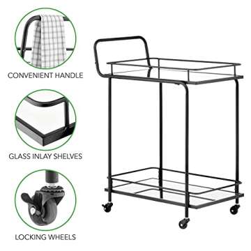 mDesign Metal Vintage Beverage Rolling Cart for Home - 2-Tier Serving Bar Trolley with Easy-Glide, Rotating Wheels, Built-in Handle, and Glass Shelves for Wine and Craft Beer - Black