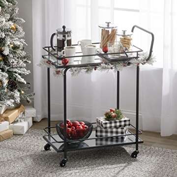 mDesign Metal Vintage Beverage Rolling Cart for Home - 2-Tier Serving Bar Trolley with Easy-Glide, Rotating Wheels, Built-in Handle, and Glass Shelves for Wine and Craft Beer - Black