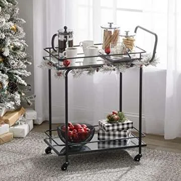 mDesign Metal Vintage Beverage Rolling Cart for Home - 2-Tier Serving Bar Trolley with Easy-Glide, Rotating Wheels, Built-in Handle, and Glass Shelves for Wine and Craft Beer - Black