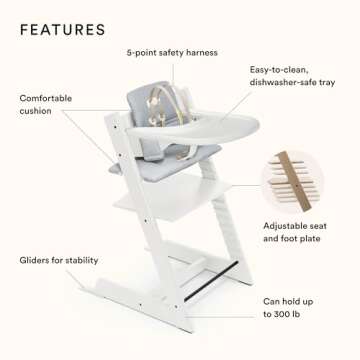 Tripp Trapp High Chair and Cushion with Stokke Tray - White with Nordic Blue - Adjustable, Convertib...