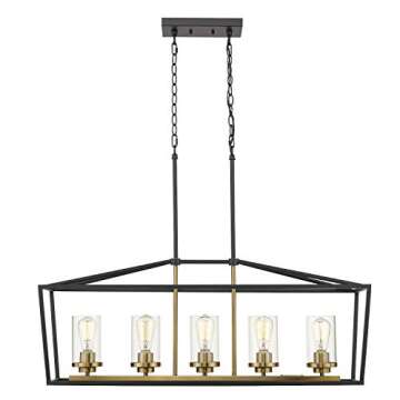 Emliviar Modern 5-Light Kitchen Island Pendant Light Fixture, Linear Pendant Lighting, Black and Gold Finish with Clear Glass Shade, P3033-5LP