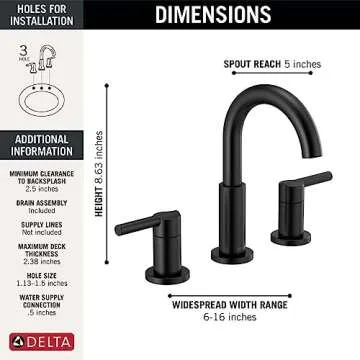 Delta Faucet Nicoli Widespread Bathroom Faucet 3 Hole, Matte Black Bathroom Faucet, Bathroom Sink Faucet, 2 Handle Bathroom Faucet, Bath Faucet, Drain Assembly, Matte Black 35749LF-BL