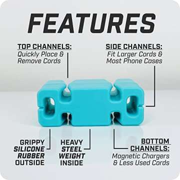 CORDBRICK Original Weighted Cord Holder for Nightstand Desk - Travel Cable Management Tool and Cell Phone Accessory. Stocking Stuffer and Gift for Adults Men 2023 - Aqua