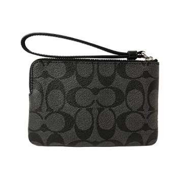 Coach F58035 Corner Zip Wristlet in Signature Coated Canvas with Leather Stripe Black Smoke - Black