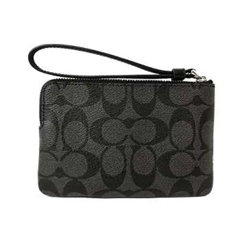 Coach F58035 Corner Zip Wristlet in Signature Coated Canvas with Leather Stripe Black Smoke - Black