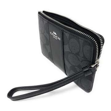 Coach F58035 Corner Zip Wristlet in Signature Coated Canvas with Leather Stripe Black Smoke - Black