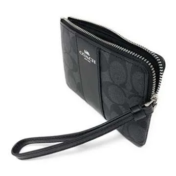 Coach F58035 Corner Zip Wristlet in Signature Coated Canvas with Leather Stripe Black Smoke - Black