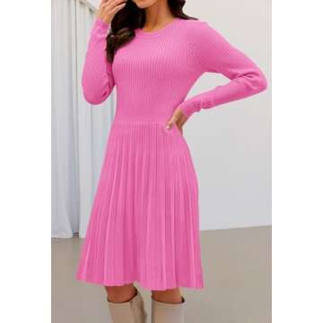 MEROKEETY Women's 2024 Long Sleeve Mini Sweater Dress Crewneck Ribbed Knit A Line Pleated Swing Shor...